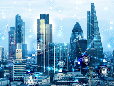 City of London skyline with symbols overlaid to convey connectivity