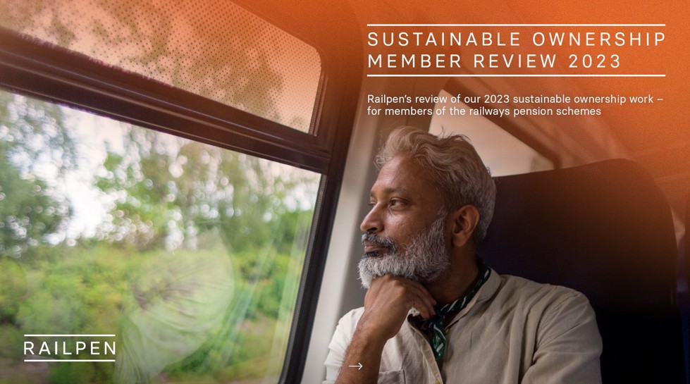Image shows the front cover of Railpen's Sustainable Ownership Member Review 2023.
