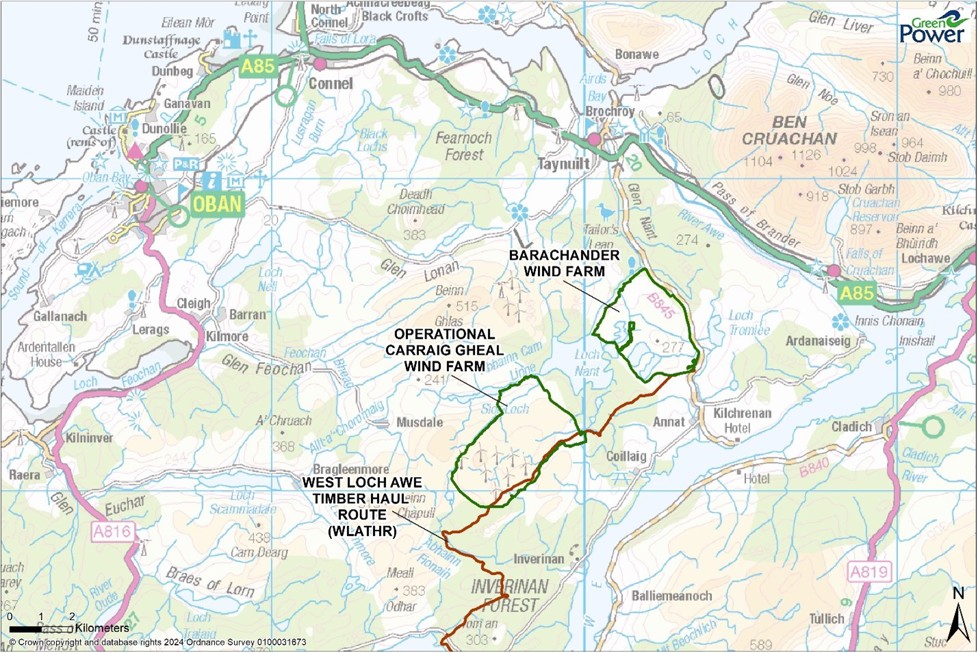 Map of North Argyll showing Barachander Wind Farm proposed site
