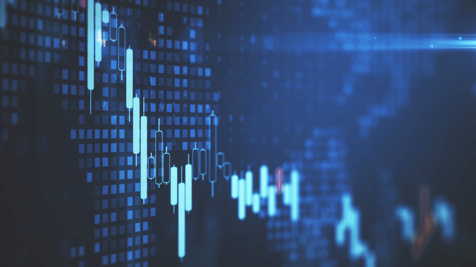 Blue digital candlestick chart showing fluctuating financial data on a dark grid background.